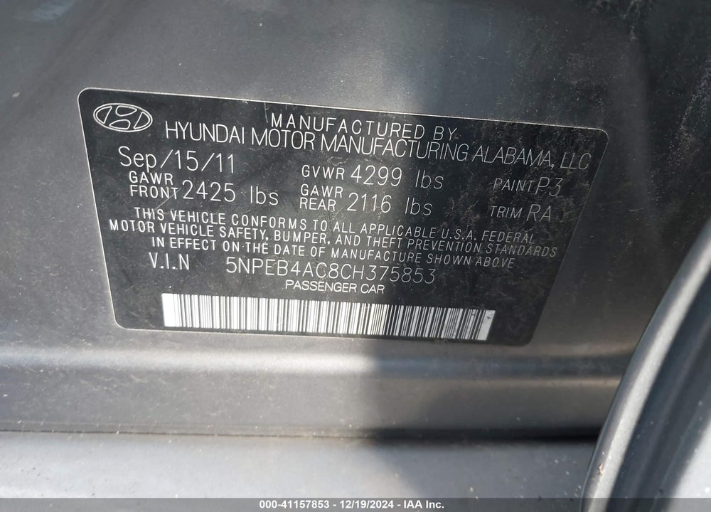 2012 HYUNDAI SONATA GLS VIN: 5NPEB4AC8CH375853