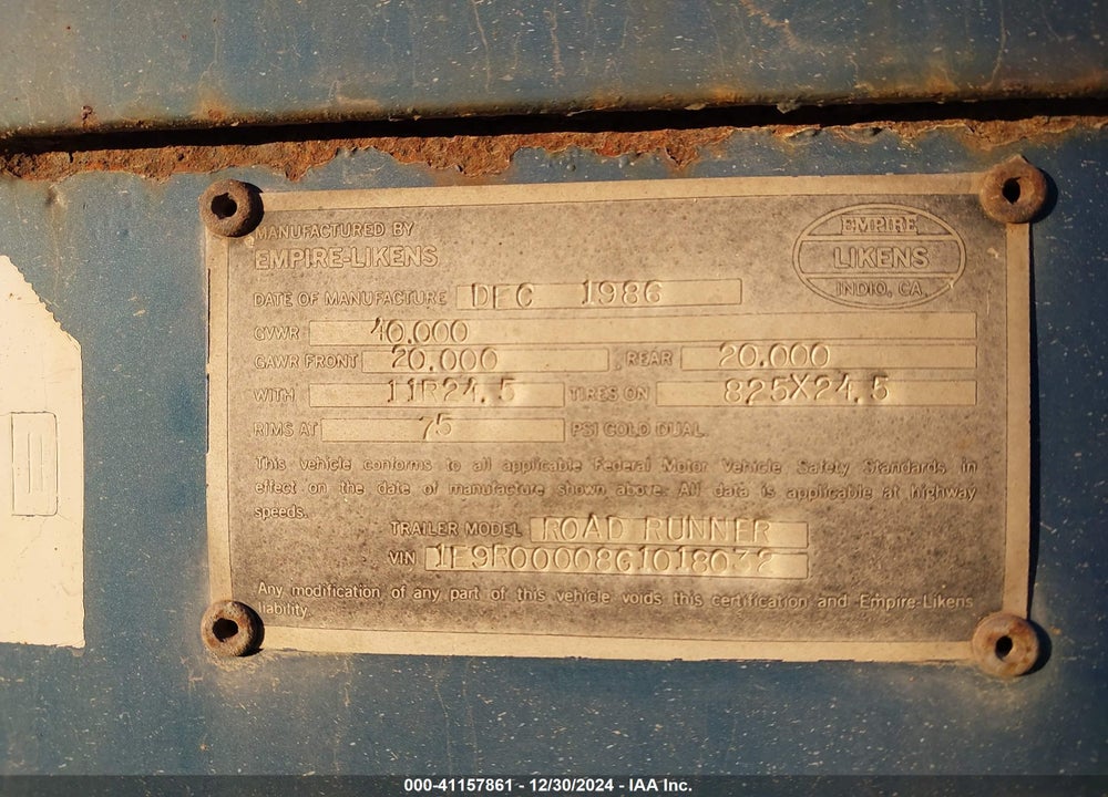 1986 TRAILER LIKEN TRANSFER DUMP VIN: 1E9R00008G1018032