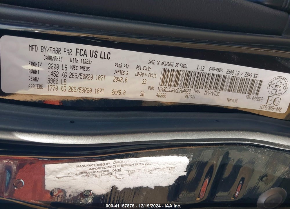 2019 DODGE DURANGO VIN: 1C4RDJDG4KC764623