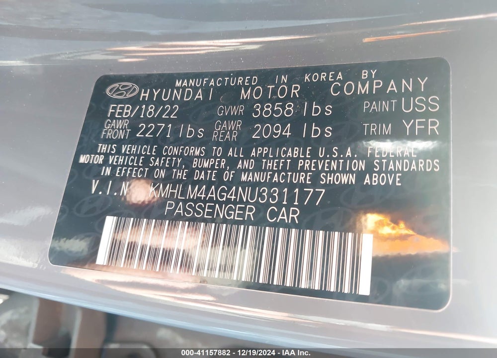 2022 HYUNDAI ELANTRA VIN: KMHLM4AG4NU331177