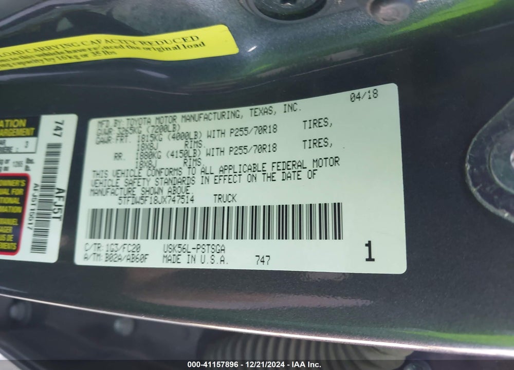 2018 TOYOTA TUNDRA SR5 5.7L V8 VIN: 5TFDW5F18JX747514