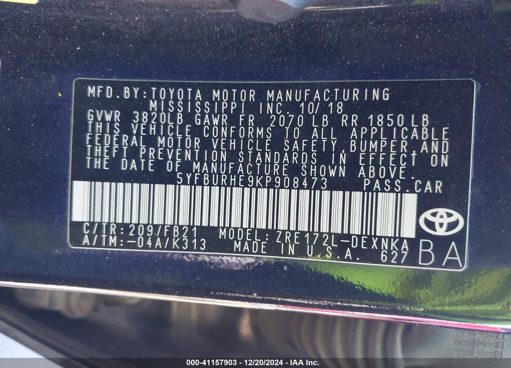 2019 TOYOTA COROLLA LE VIN: 5YFBURHE9KP908473