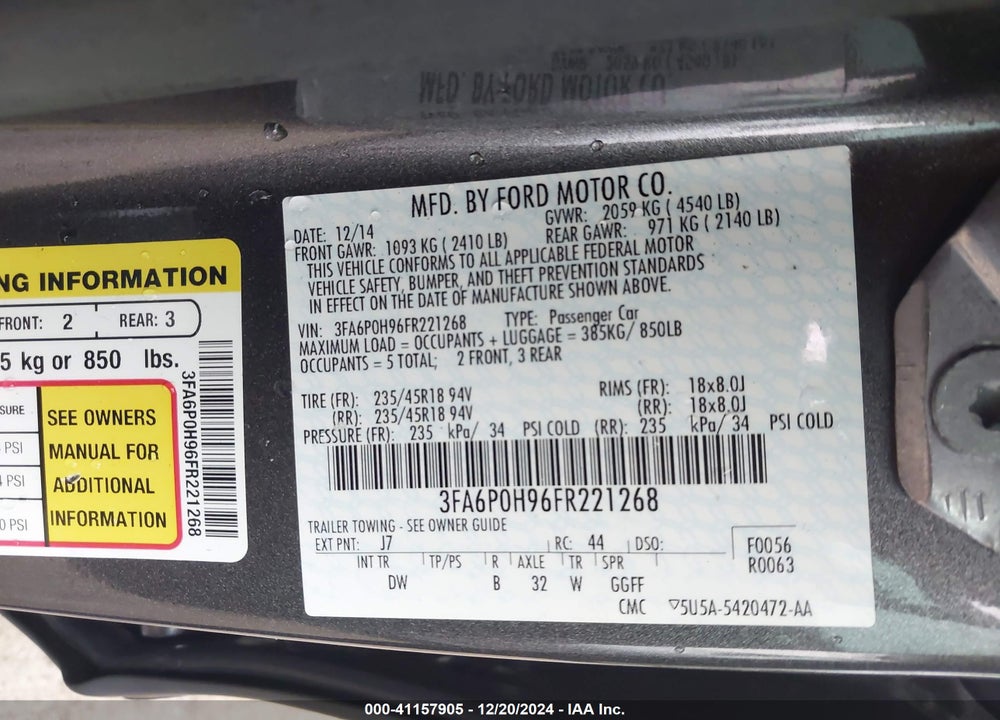 2015 FORD FUSION VIN: 3FA6P0H96FR221268
