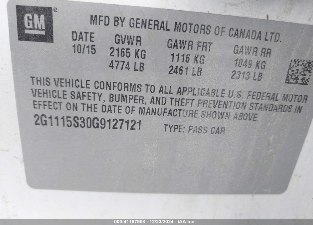 2016 CHEVROLET IMPALA VIN: 2G1115S30G9127121