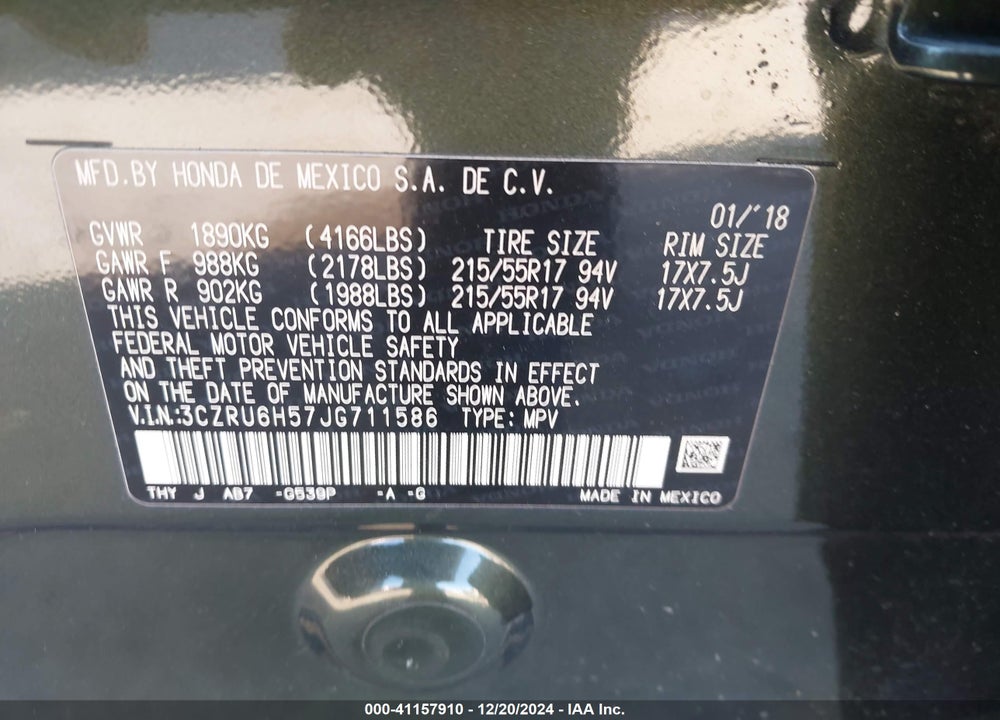2018 HONDA HR-V EX VIN: 3CZRU6H57JG711586