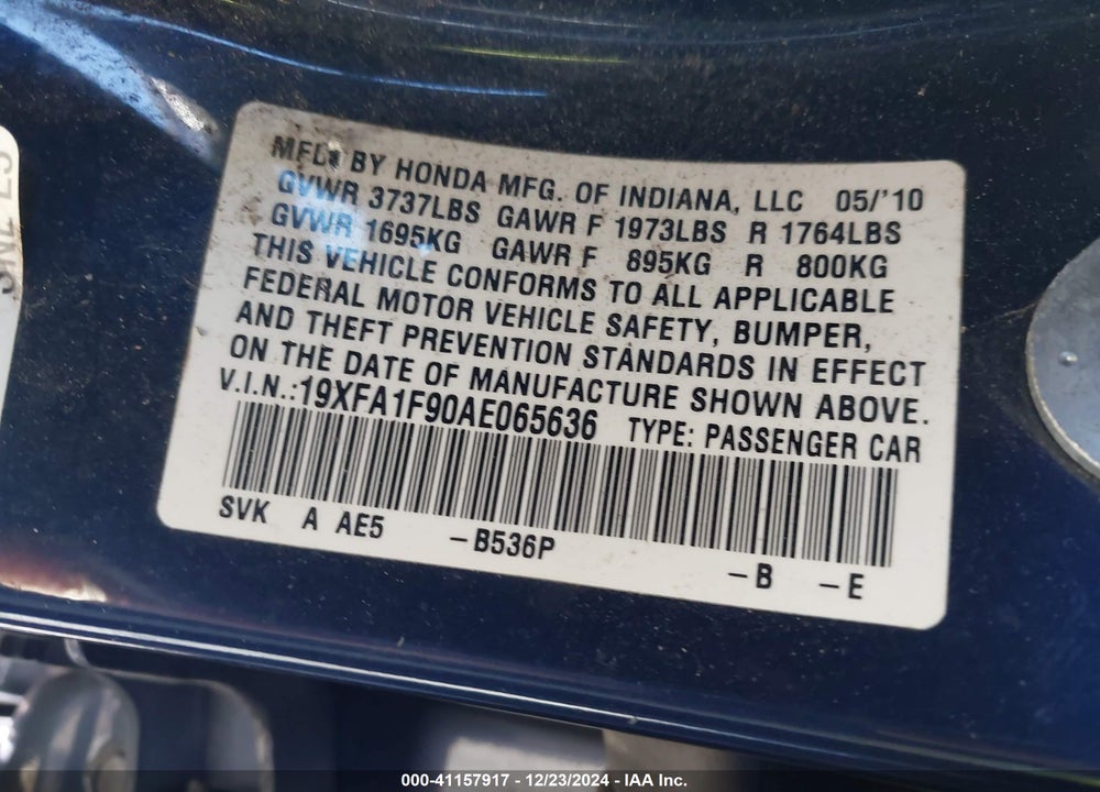 2010 HONDA CIVIC EX-L VIN: 19XFA1F90AE065636