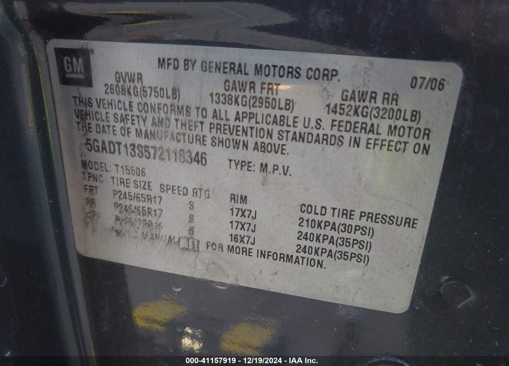 2007 BUICK RAINIER CXL VIN: 5GADT13S572118346