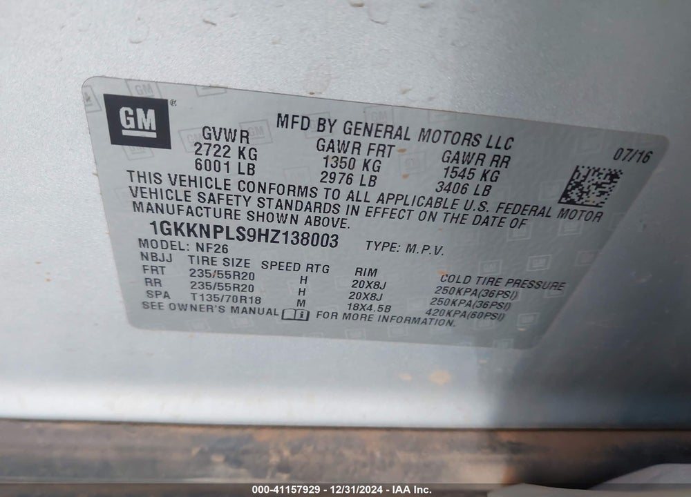 2017 GMC ACADIA DENALI VIN: 1GKKNPLS9HZ138003
