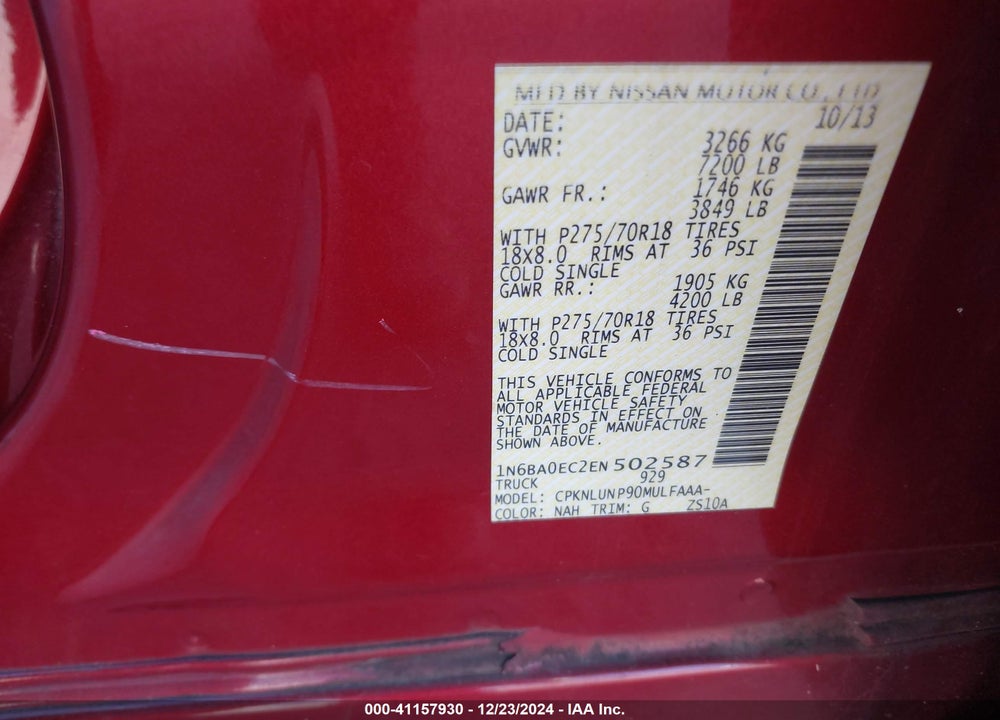 2014 NISSAN TITAN PRO-4X VIN: 1N6BA0EC2EN502587