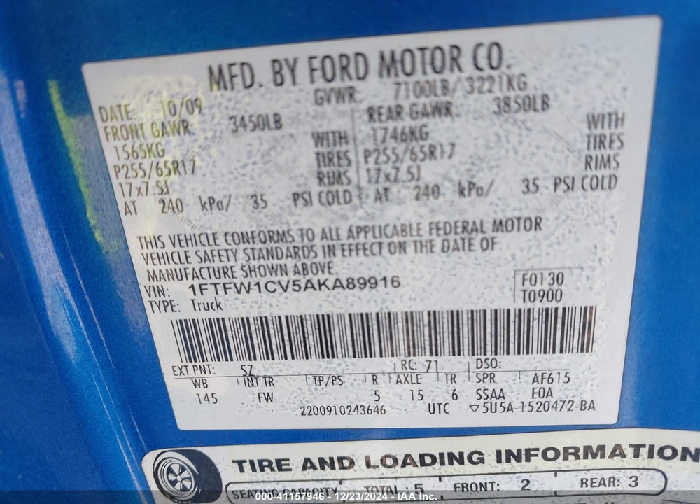 2010 FORD F-150 FX2 SPORT/HARLEY-DAVIDSON/KING RANCH/LARIAT/PLATINUM/XL/XLT VIN: 1FTFW1CV5AKA89916