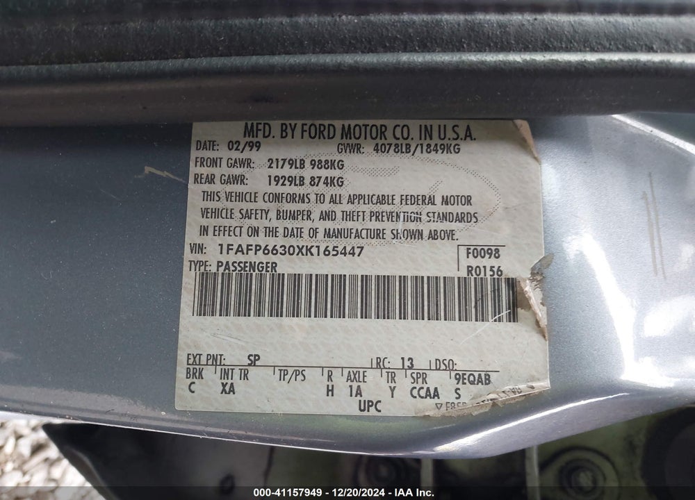 1999 FORD CONTOUR SE VIN: 1FAFP6630XK165447