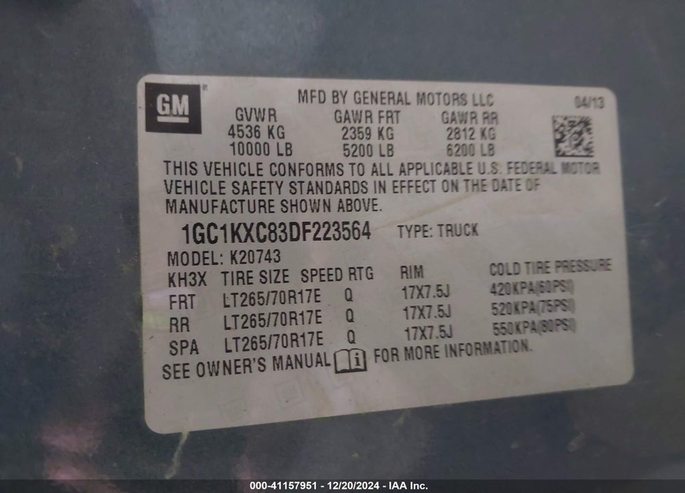 2013 CHEVROLET SILVERADO 2500HD LT VIN: 1GC1KXC83DF223564