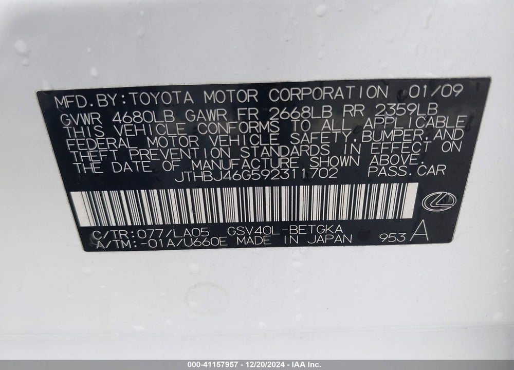 2009 LEXUS ES 350 VIN: JTHBJ46G592311702