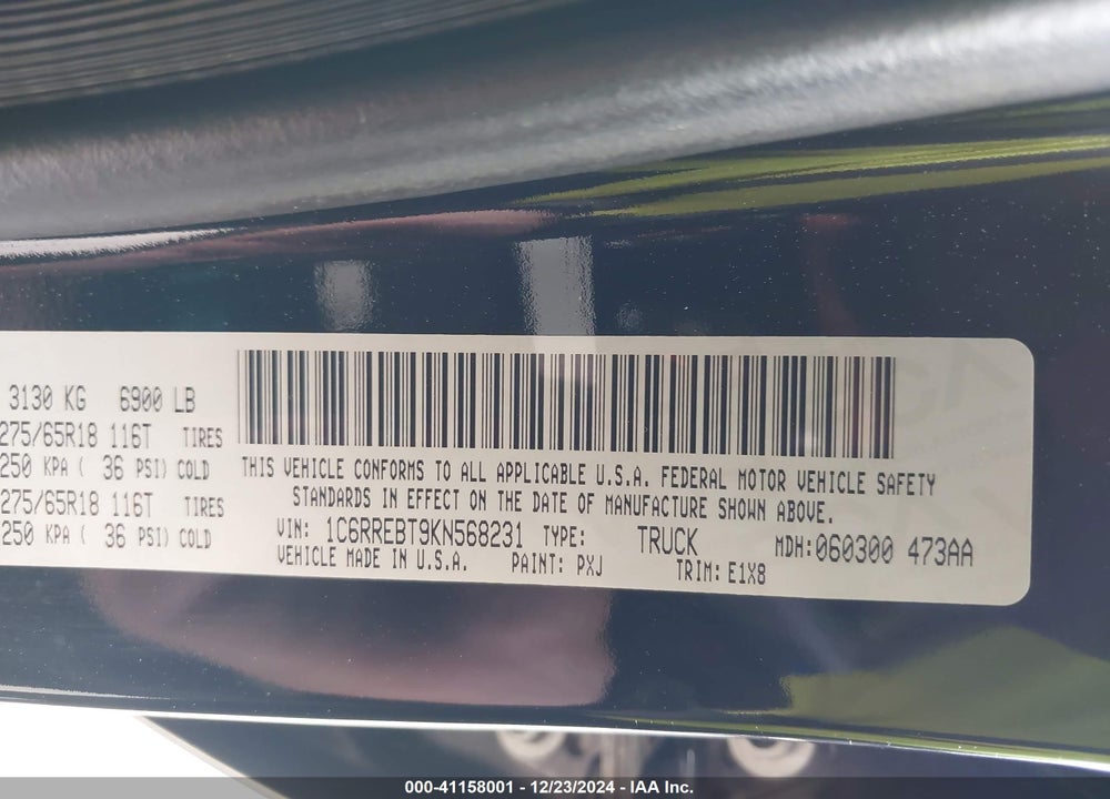 2019 RAM 1500 VIN: 1C6RREBT9KN568231