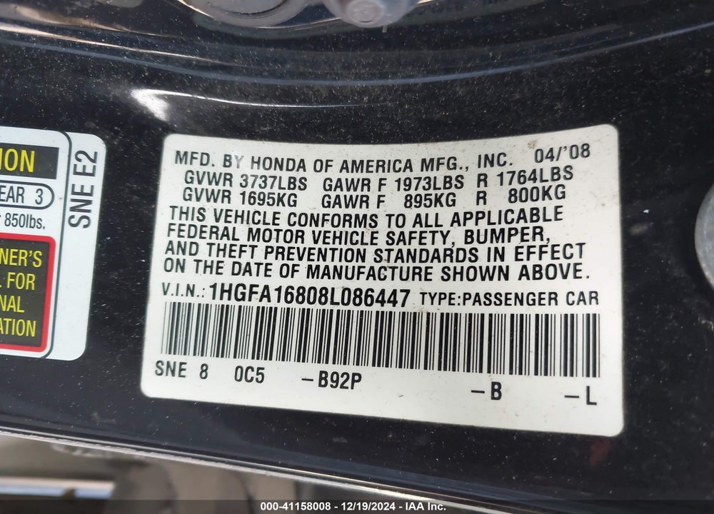 2008 HONDA CIVIC EX VIN: 1HGFA16808L086447