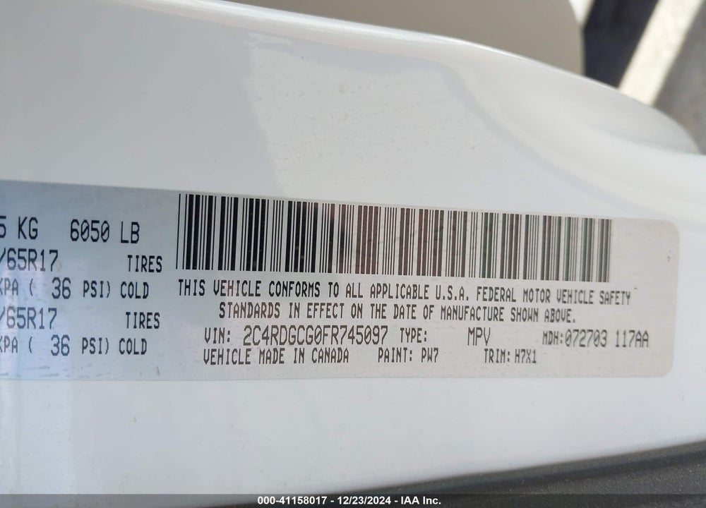 2015 DODGE GRAND CARAVAN VIN: 2C4RDGCG0FR745097