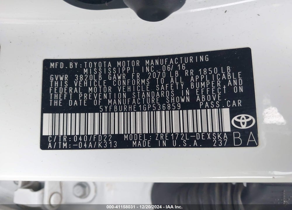 2016 TOYOTA COROLLA S PLUS VIN: 5YFBURHE1GP536859