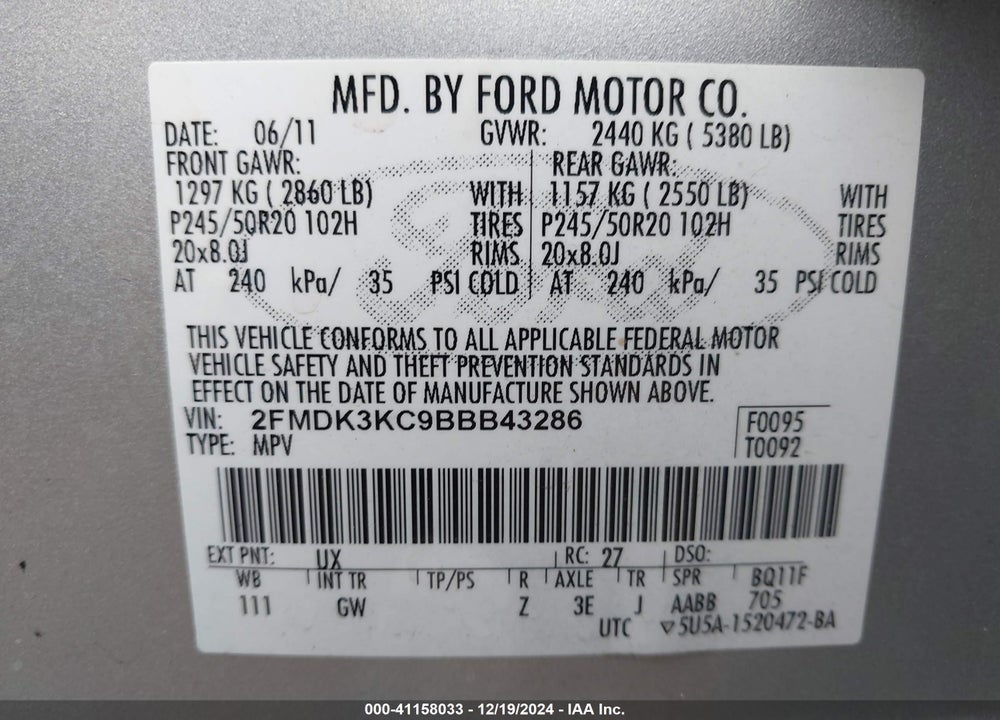 2011 FORD EDGE LIMITED VIN: 2FMDK3KC9BBB43286
