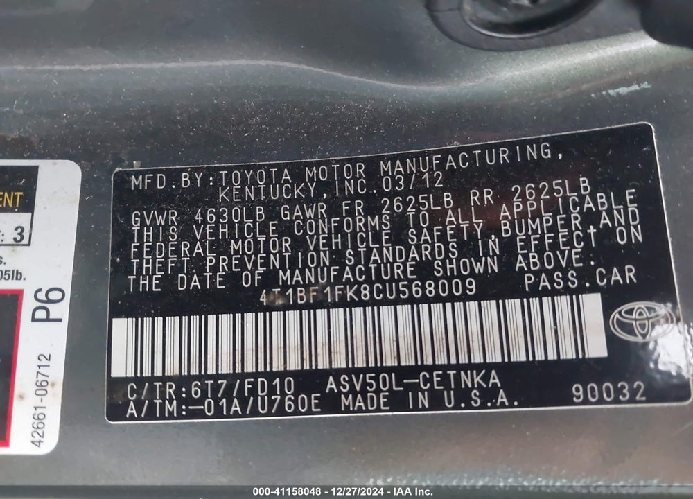 2012 TOYOTA CAMRY LE VIN: 4T1BF1FK8CU568009
