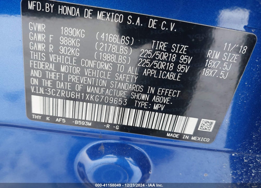 2019 HONDA HR-V SPORT VIN: 3CZRU6H1XKG709653