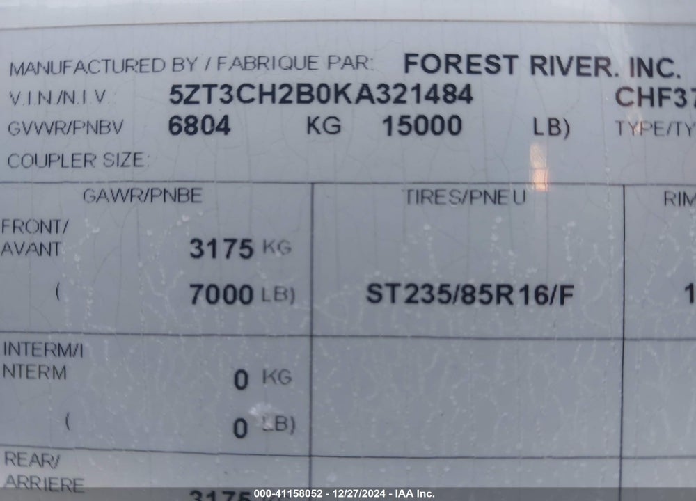 2019 FOREST RIVER CHAPARRAL VIN: 5ZT3CH2B0KA321484