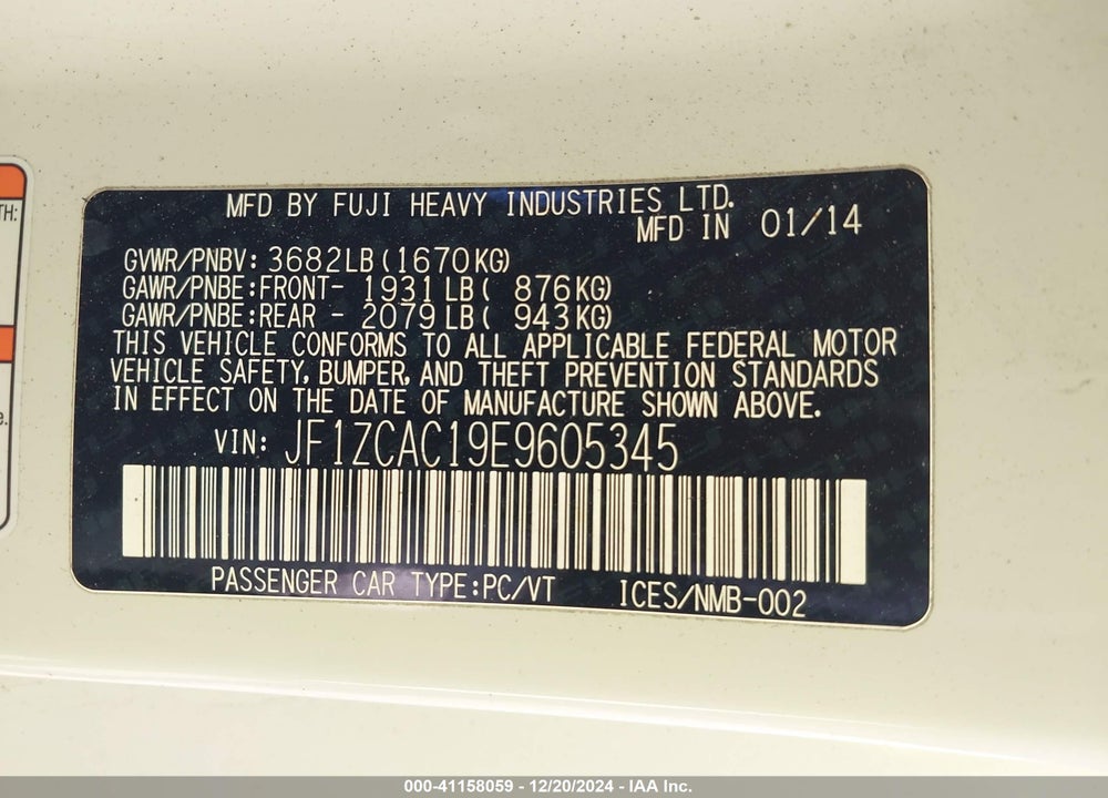 2014 SUBARU BRZ LIMITED VIN: JF1ZCAC19E9605345