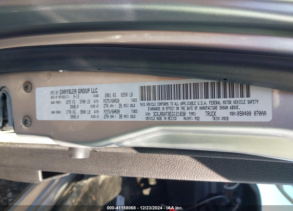 2014 RAM 1500 VIN: 3C6JR6AT8EG121830