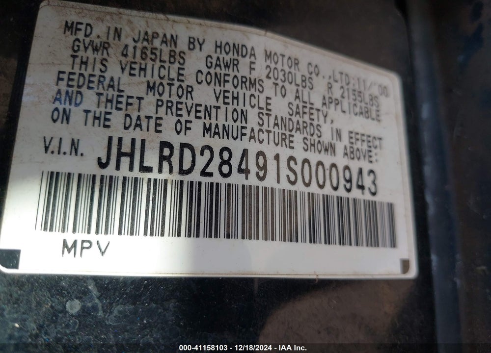 2001 HONDA CR-V LX VIN: JHLRD28491S000943