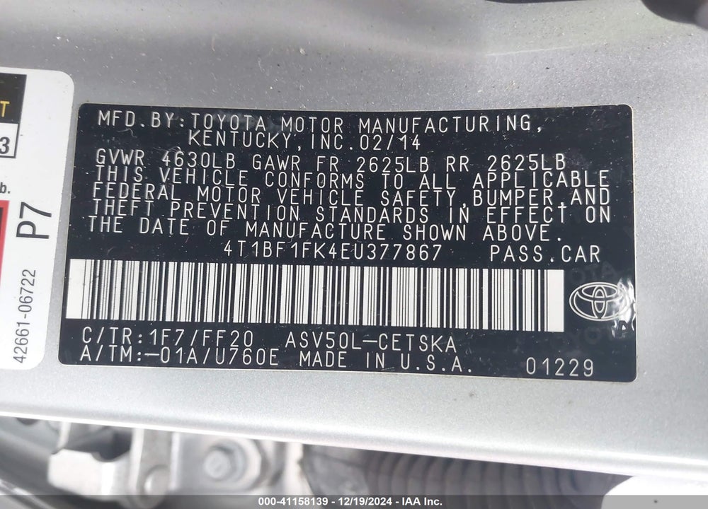 2014 TOYOTA CAMRY SE VIN: 4T1BF1FK4EU377867