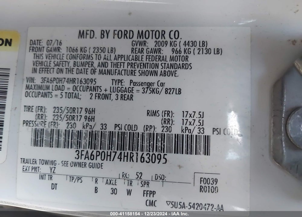 2017 FORD FUSION VIN: 3FA6P0H74HR163095