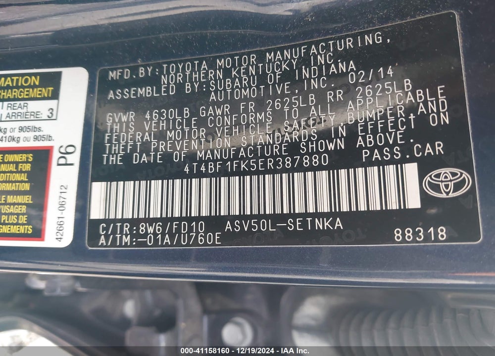 2014 TOYOTA CAMRY LE VIN: 4T4BF1FK5ER387880