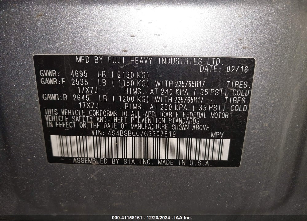 2016 SUBARU OUTBACK 2.5I PREMIUM VIN: 4S4BSBCC7G3307819