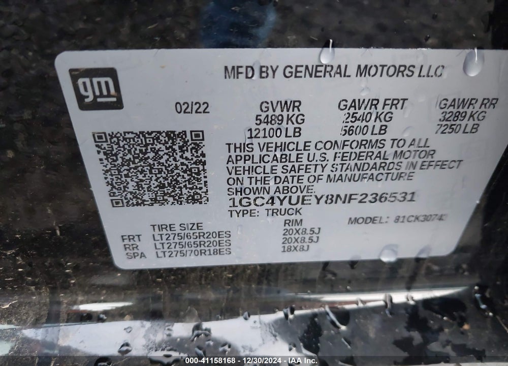 2022 CHEVROLET SILVERADO 3500HD 4WD  STANDARD BED LTZ VIN: 1GC4YUEY8NF236531
