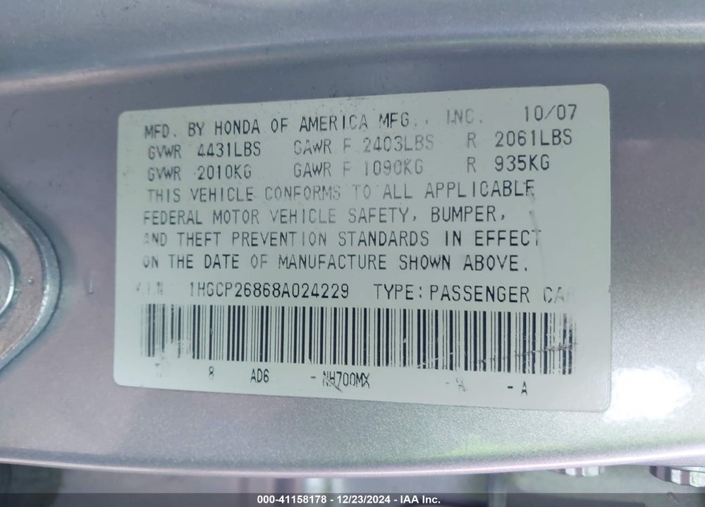 2008 HONDA ACCORD 2.4 EX-L VIN: 1HGCP26868A024229