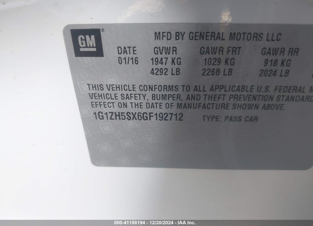 2016 CHEVROLET MALIBU VIN: 1G1ZH5SX6GF192712