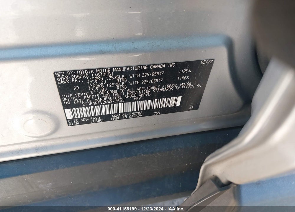 2022 TOYOTA RAV4 VIN: 2T3P1RFV2NW272653