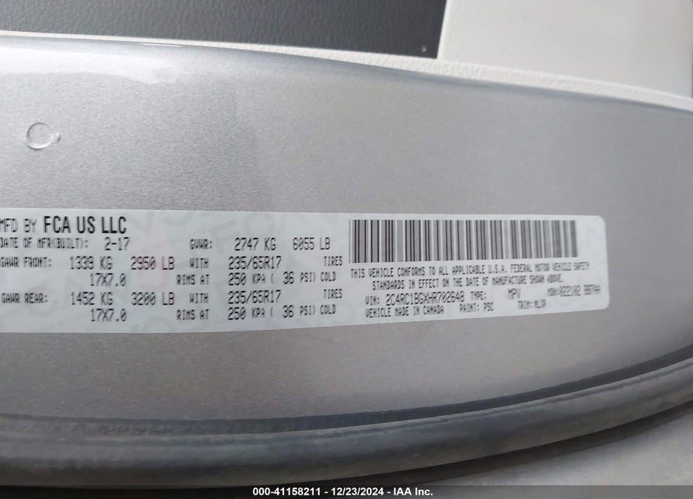 2017 CHRYSLER PACIFICA TOURING L VIN: 2C4RC1BGXHR702648