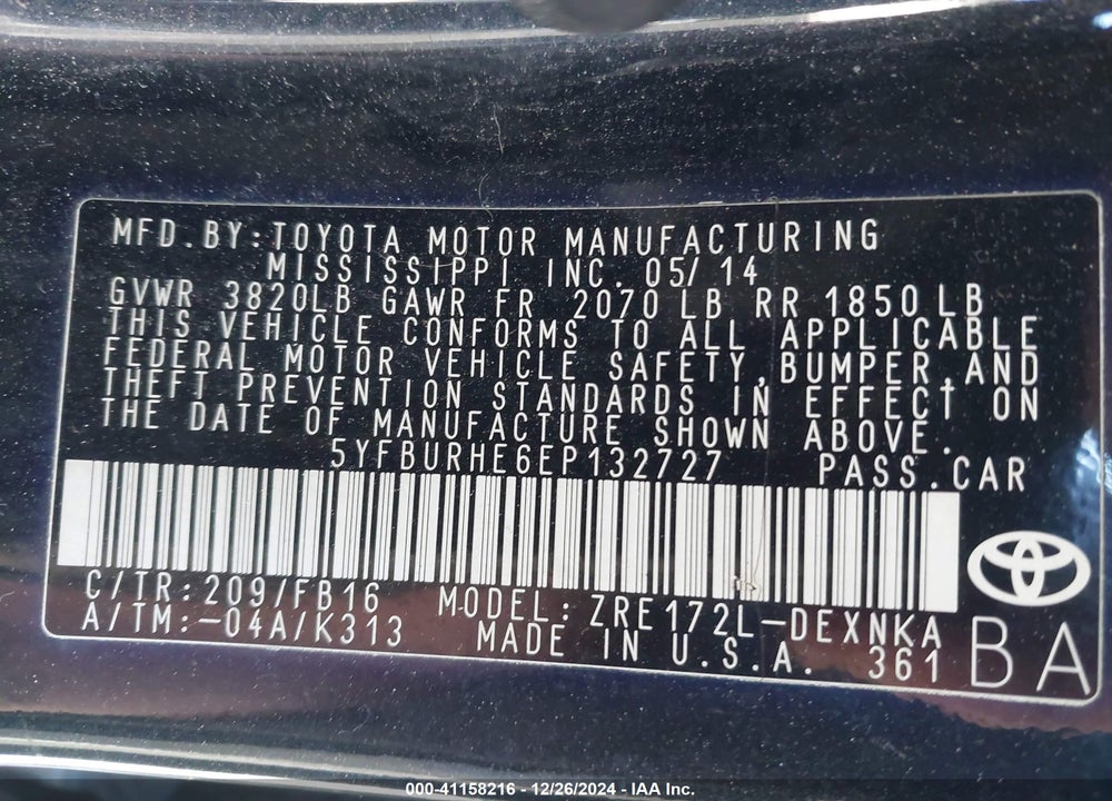 2014 TOYOTA COROLLA VIN: 5YFBURHE6EP132727