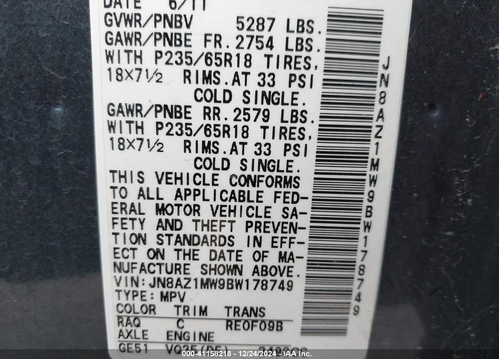 2011 NISSAN MURANO SL VIN: JN8AZ1MW9BW178749