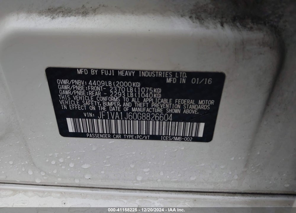 2016 SUBARU WRX LIMITED VIN: JF1VA1J60G8826604