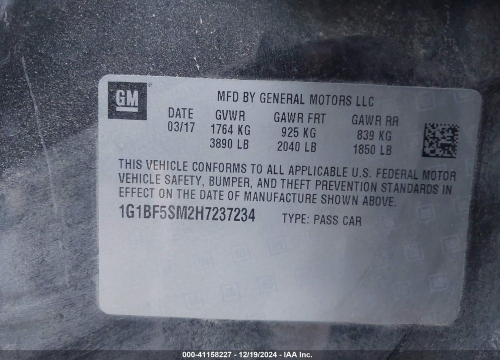 2017 CHEVROLET CRUZE VIN: 1G1BF5SM2H7237234