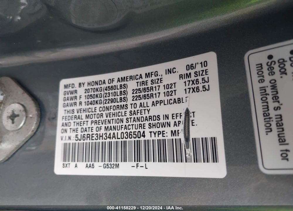 2010 HONDA CR-V LX VIN: 5J6RE3H34AL036504