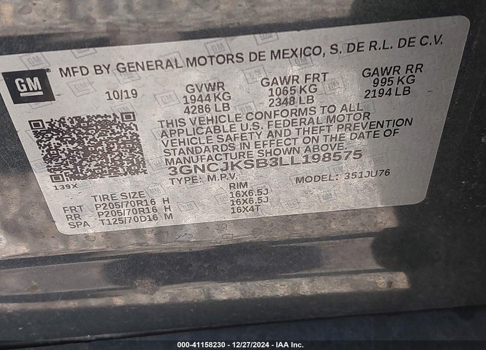 2020 CHEVROLET TRAX FWD LS VIN: 3GNCJKSB3LL198575