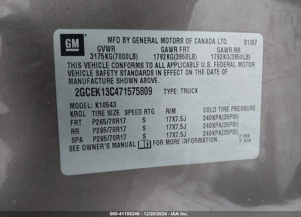 2007 CHEVROLET SILVERADO 1500 LT1 VIN: 2GCEK13C471575809