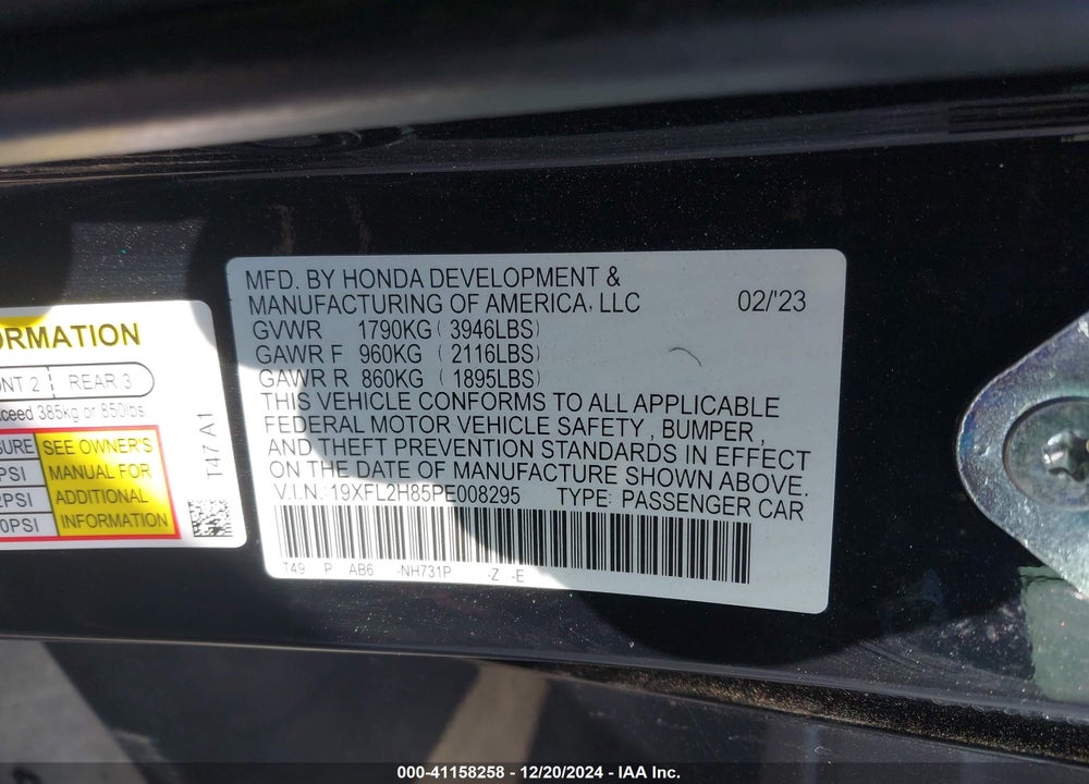 2023 HONDA CIVIC VIN: 19XFL2H85PE008295