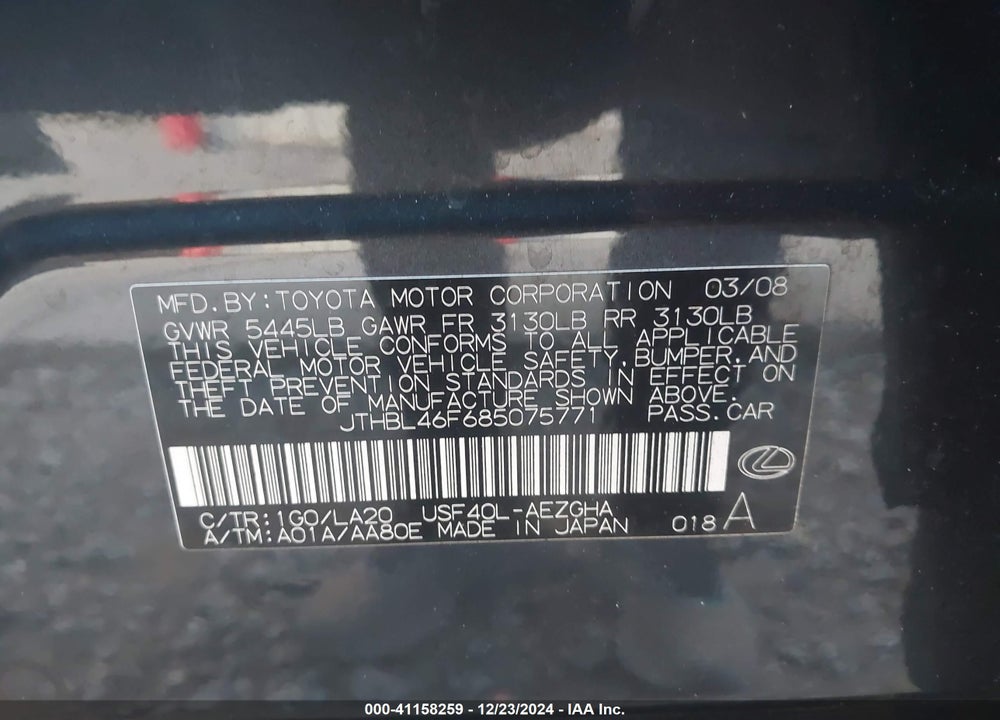 2008 LEXUS LS 460 VIN: JTHBL46F685075771