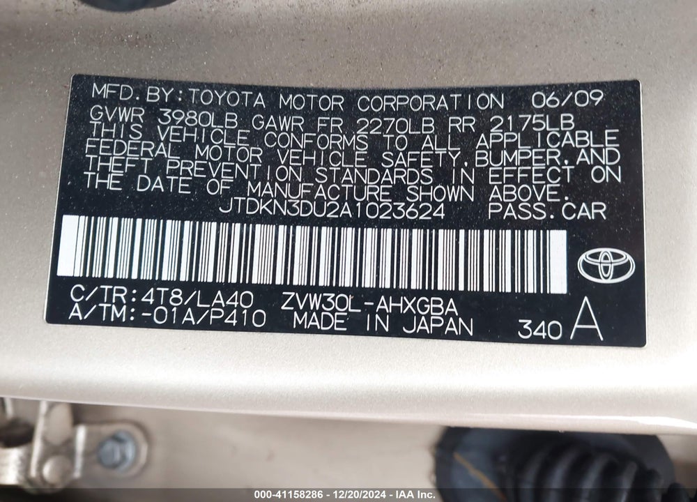 2010 TOYOTA PRIUS IV VIN: JTDKN3DU2A1023624