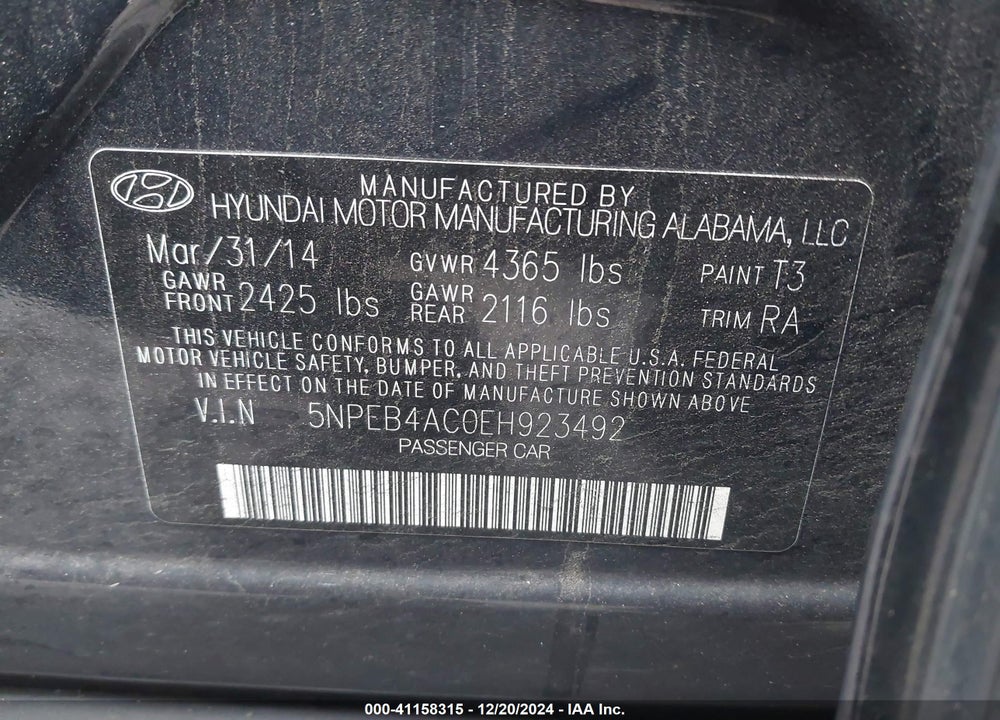 2014 HYUNDAI SONATA VIN: 5NPEB4AC0EH923492