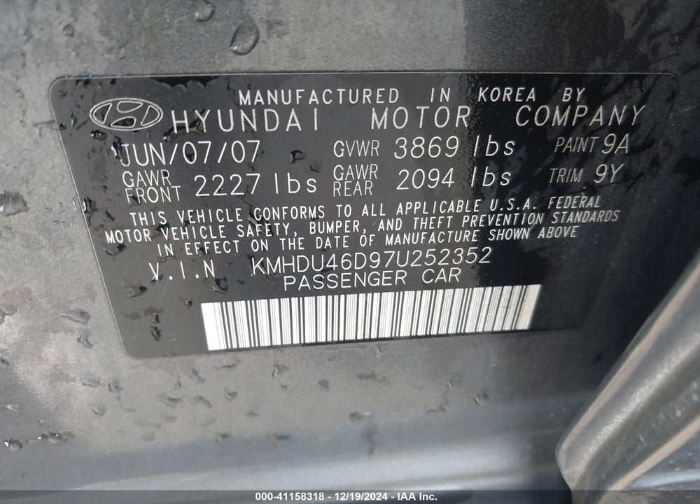 2007 HYUNDAI ELANTRA GLS/LIMITED/SE VIN: KMHDU46D97U252352