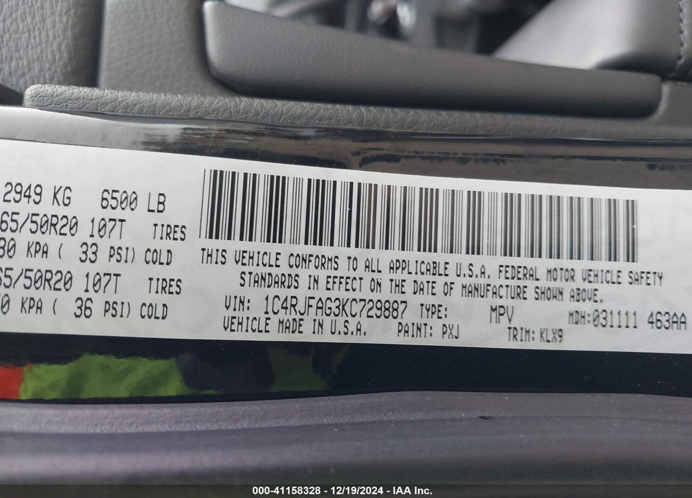 2019 CHEROKEE JEEP GRAND  ALTITUDE 4X4 VIN: 1C4RJFAG3KC729887